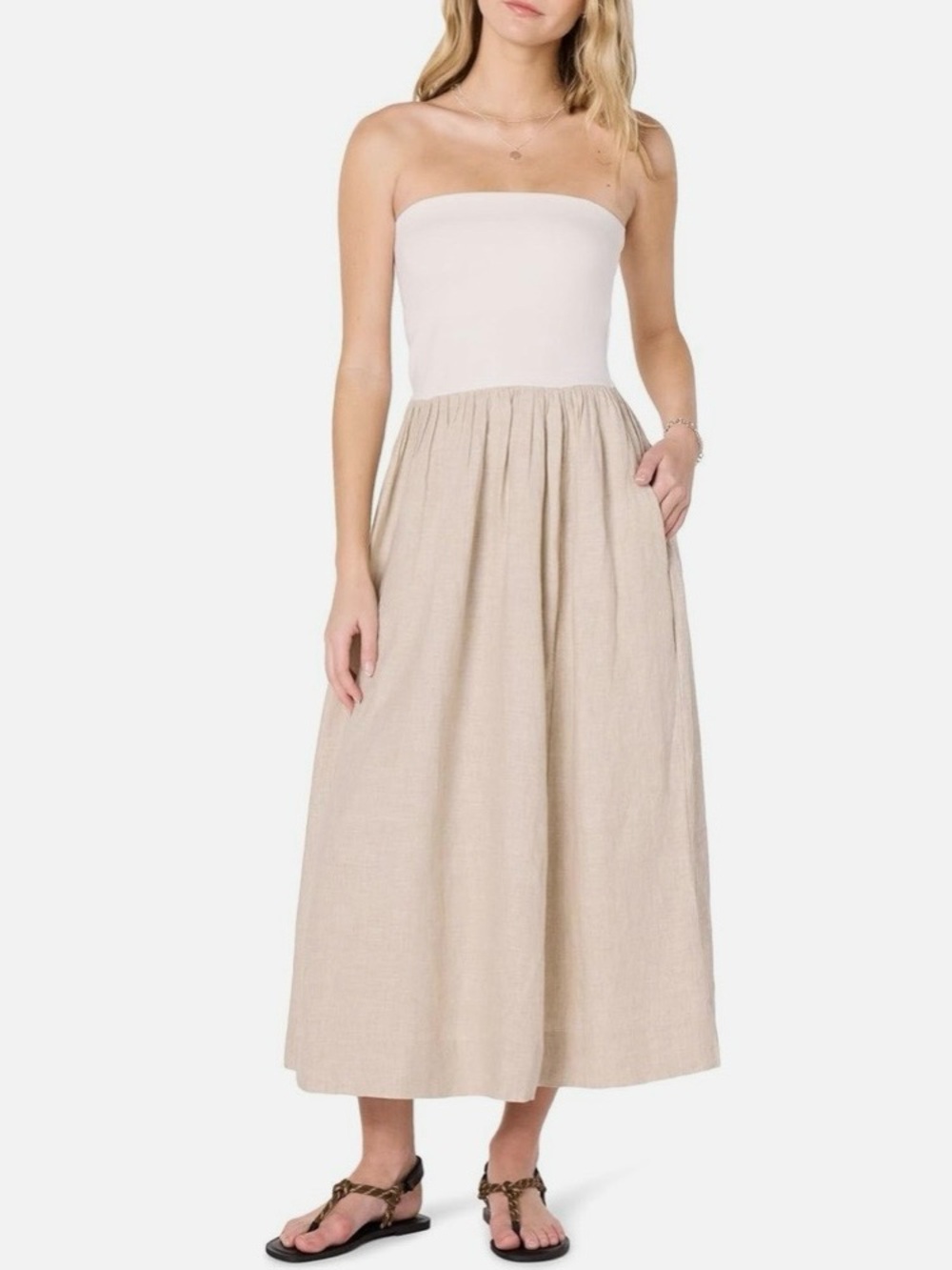 The Drop Women's Hellen Strapless Mixed Media Linen Maxi Dress